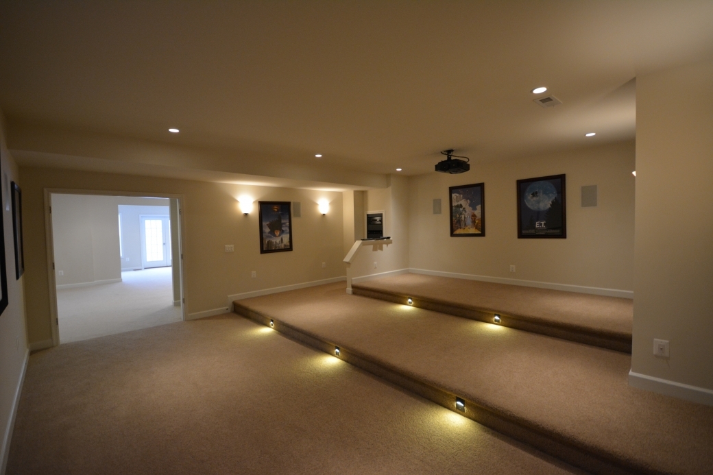 A reverse view of the basement media room.