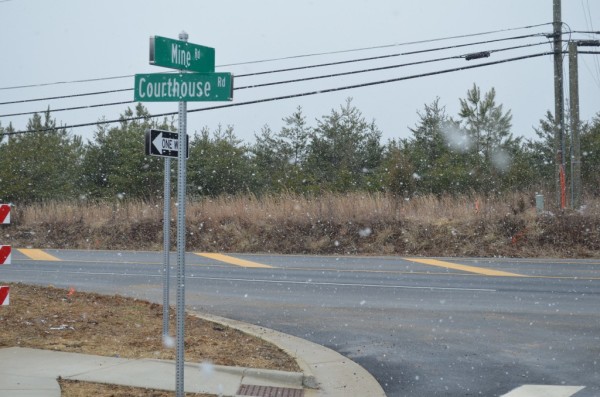 This view of Courthouse Road and Mine Road shows the new entrance to George Washington Village which is south of Route 630.