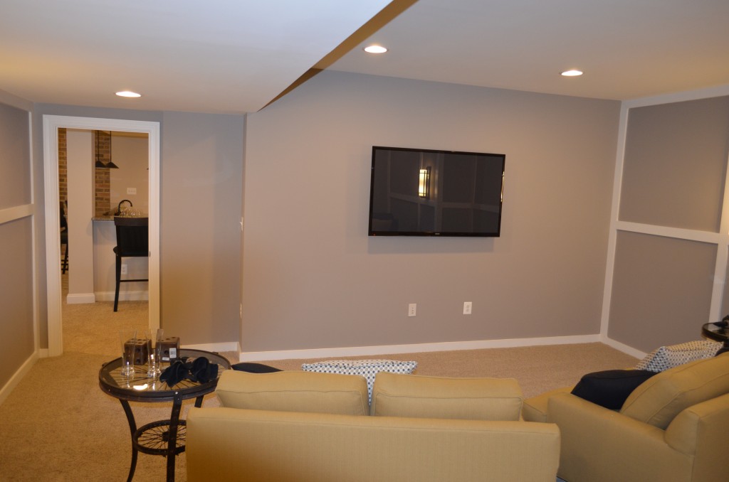 The Ellington basement media room by Ryan Homes at Lake Estates subdivision in Stafford County.