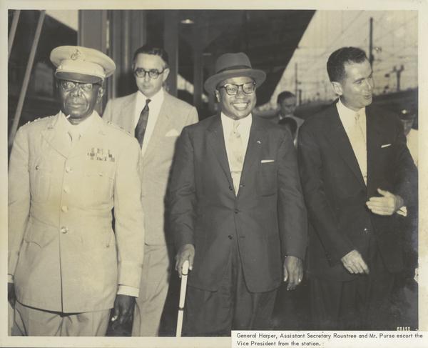 Mr. Victor Purse, U. S. Deputy Chief of Protocol escorts Liberia Vice President William R. Tolbert during a 1957 official state visit to the United States.