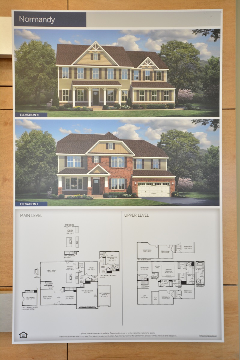 The Normandy floor plans and elevations are shown here. This home design is also available at Chancellorsville Crossing in Spotsylvania County outside of Fredericksburg.
