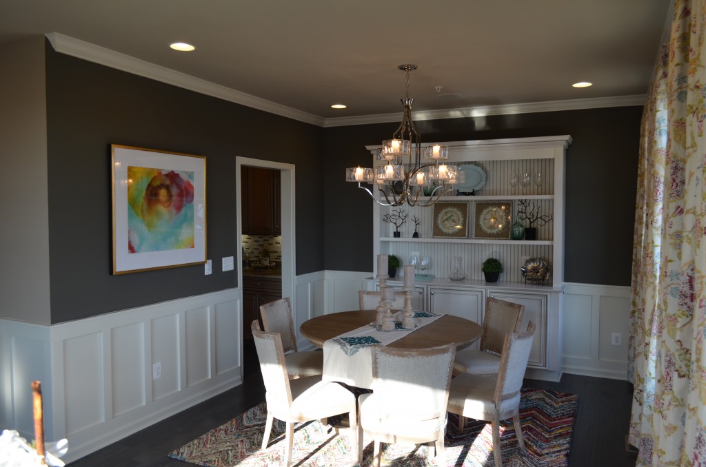 This is the dining room in the Easton luxury town home at the Manors at Moorefield Green. This home has 3,000 finished square feet, 2 car garage, and optional rooftop terrace with loft or fourth bedroom on the fourth floor. This Toll Brothers home is 1 mile from the Dulles Airport Silver Line Metro Station.