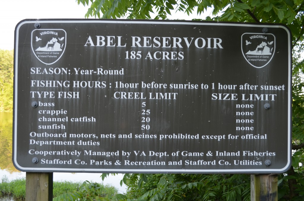 This Abel Lake sign is at the boat launch at Kellogg Mill Road (Route 651). It prohibits outboard motors, fishing with nets, and the catch limits.