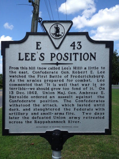 Confederate General Robert E. Lee used Telegraph Hill as a command post to observe the defensive lines of his Army of Northern Virginia, and the attack of the Union Army of the Potomac commanded by Major General Ambrose Burnside.