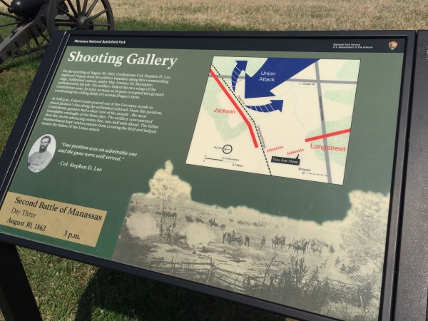 National Park Service interpretive marker at Manassas National Battlefield Park: 'Shooting Gallery' at Brawner Farm.