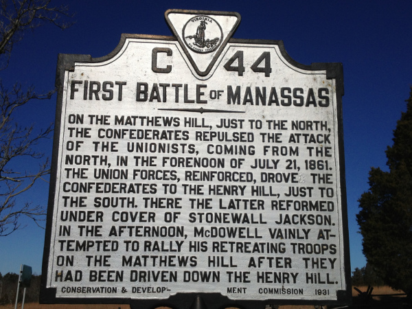 Virginia Conservation & Development Commission historical highway marker (c. 1931) titled 'First Battle of Manassas' on Lee Highway (Route 29) in Prince William County.
