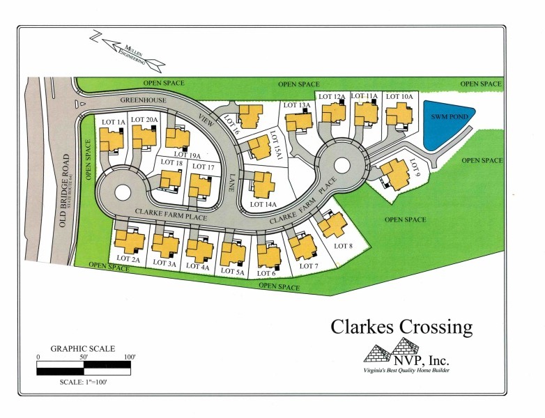The 20 home sites of Clarke's Crossing by NVP, Inc. in Lake Ridge, Virginia. Old Bridge Road (Route 641) is shown on the left in this diagram.